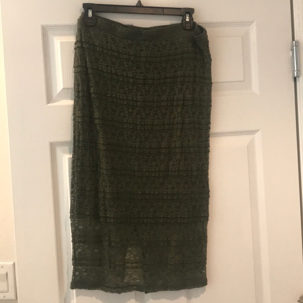 Army green lace pencil skirt with slip underneath